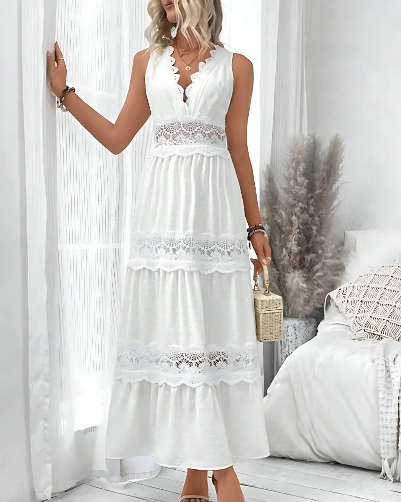 V-Neck White with Ruffles Lace Dress