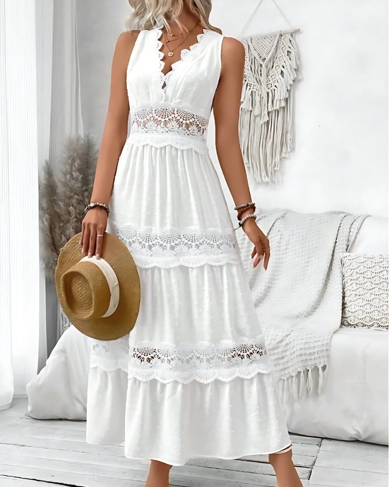 V-Neck White with Ruffles Lace Dress - Image 2