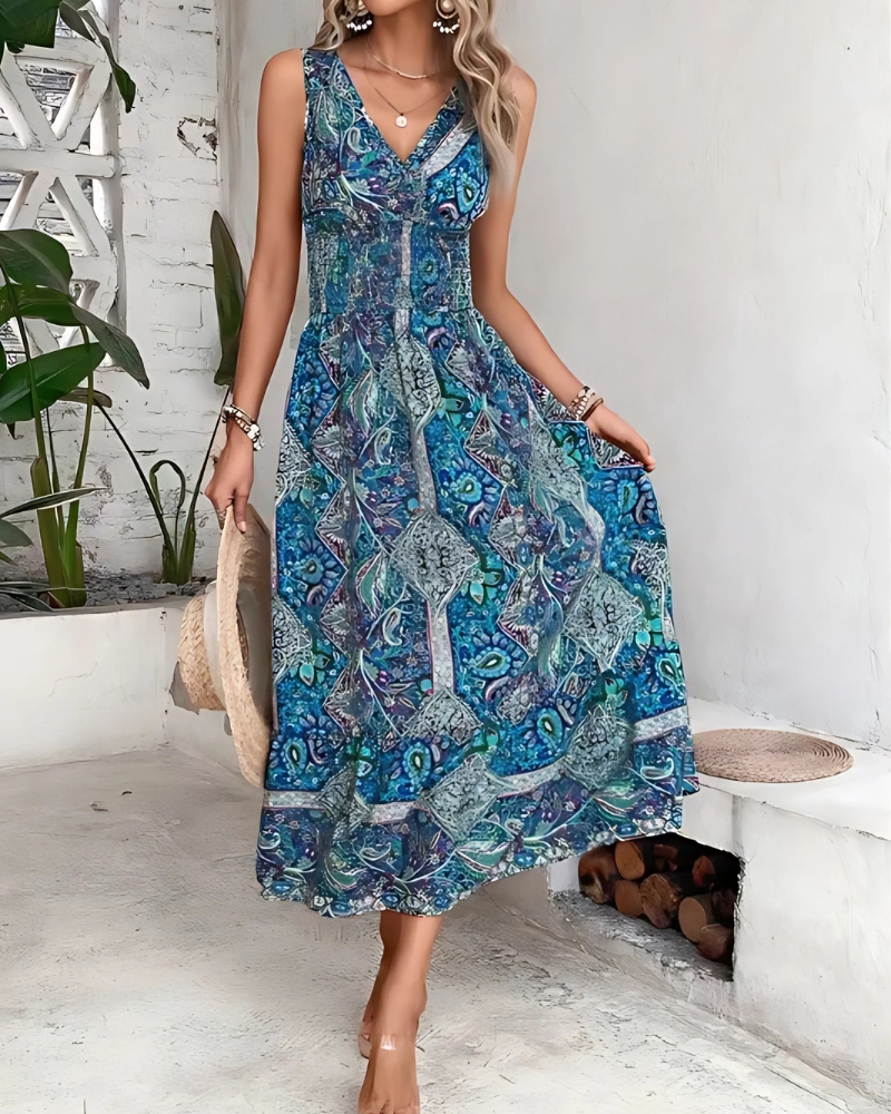 Elegant Casual Sleeveless Print Boho Style Dress