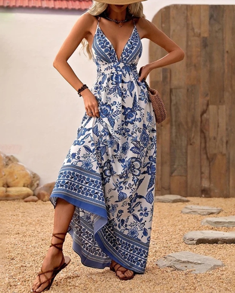 With Straps of Hawaiian Style Maxi Dress