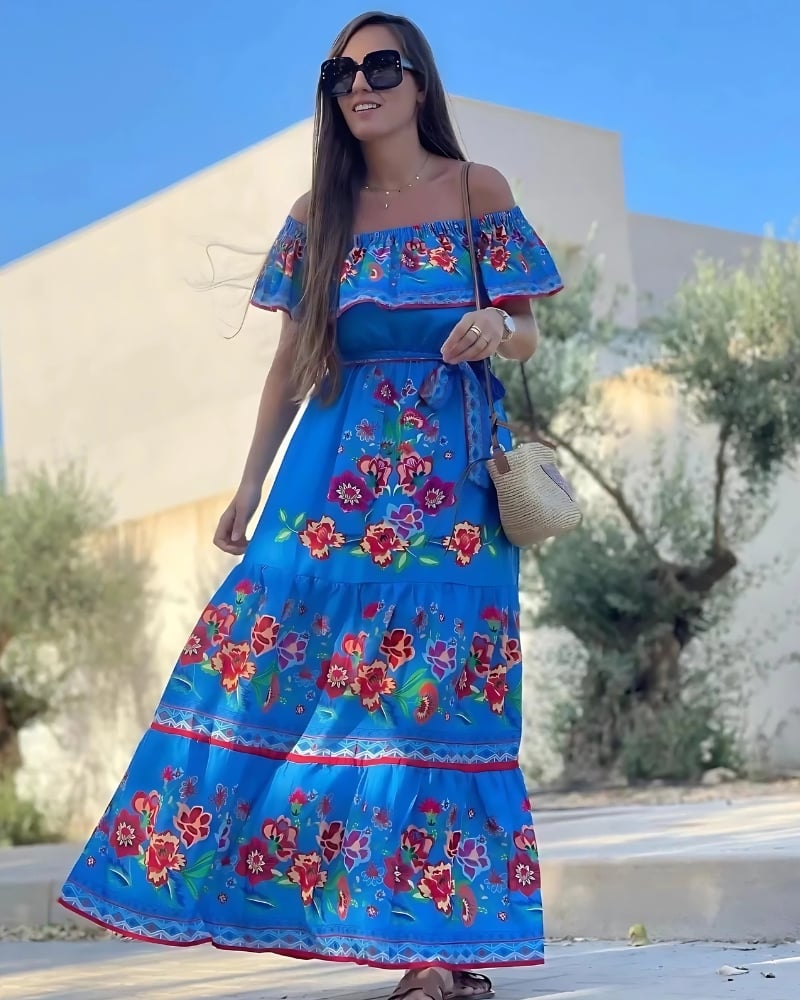 Print with Ruffles Maxi Dress