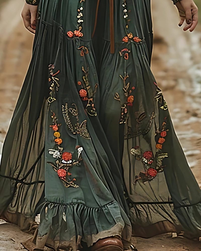 Pleated Ethnic-Inspired Retro Floral Print (without Belt) Maxi Dress - Image 3