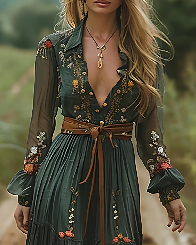 Pleated Ethnic-Inspired Retro Floral Print (without Belt) Maxi Dress - Image 2