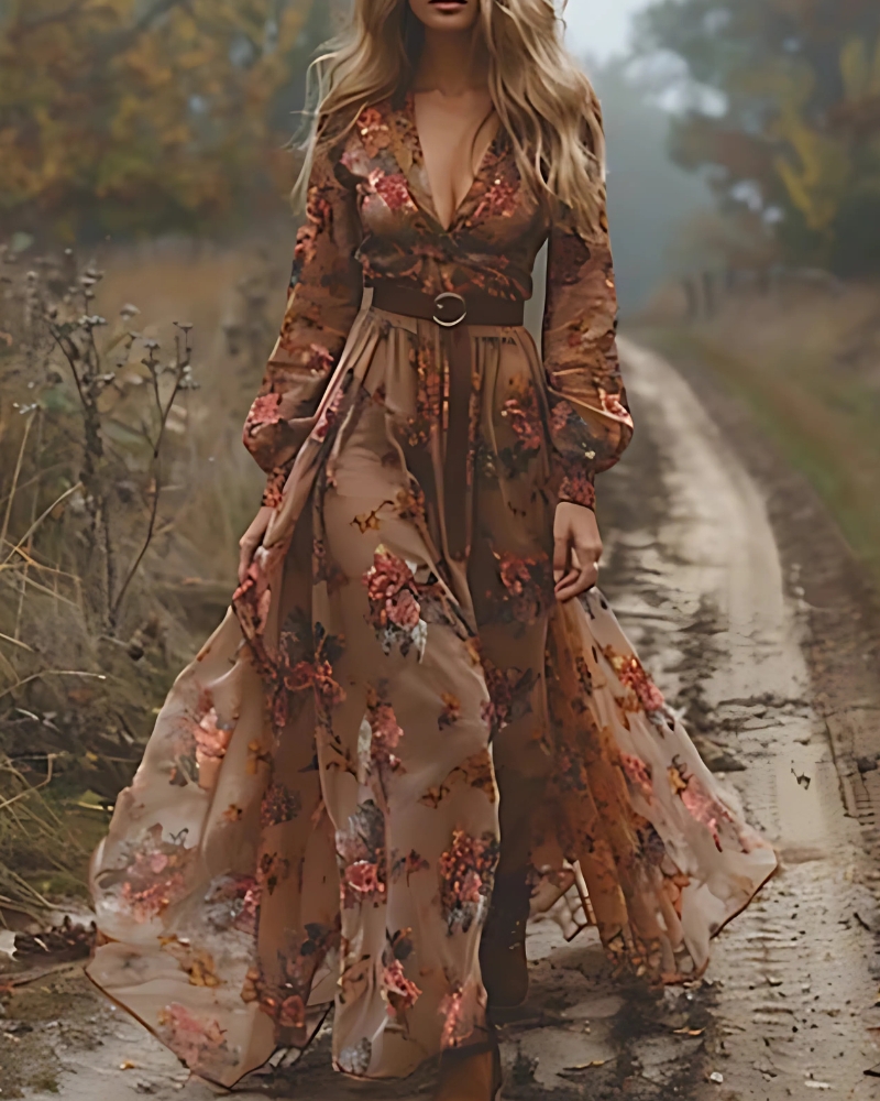 Pleated Ethnic-Inspired Retro Floral Print (without Belt) Maxi Dress - Image 4