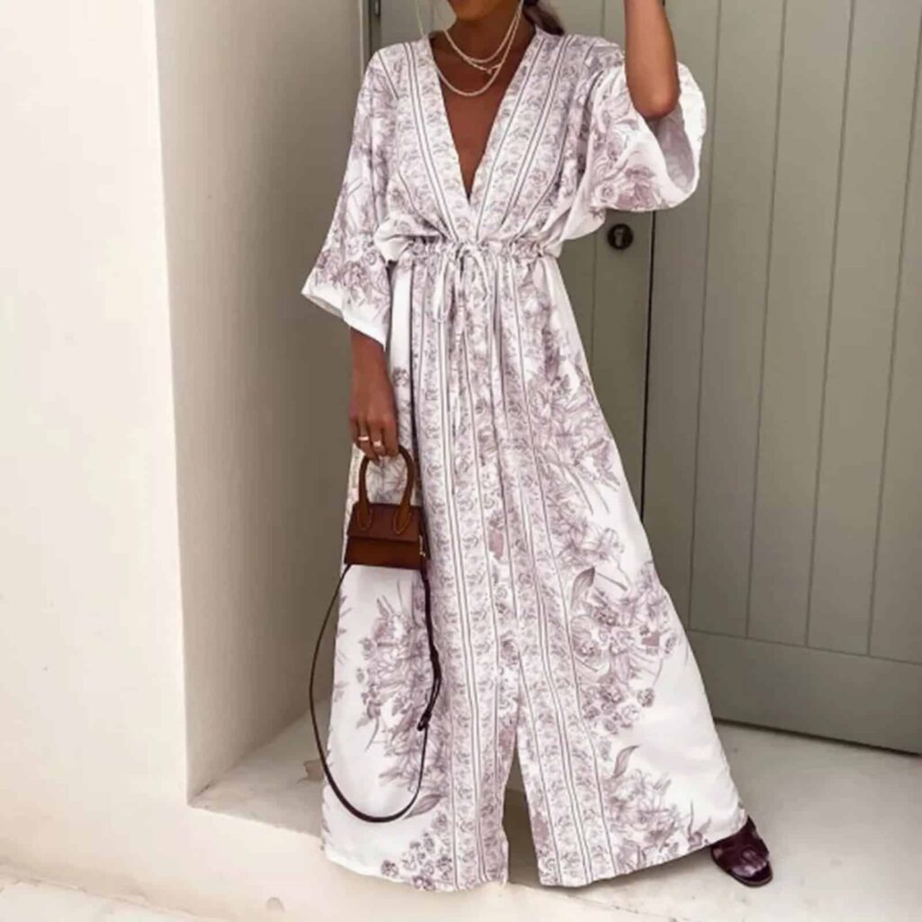 With Floral Print Kimono Dress