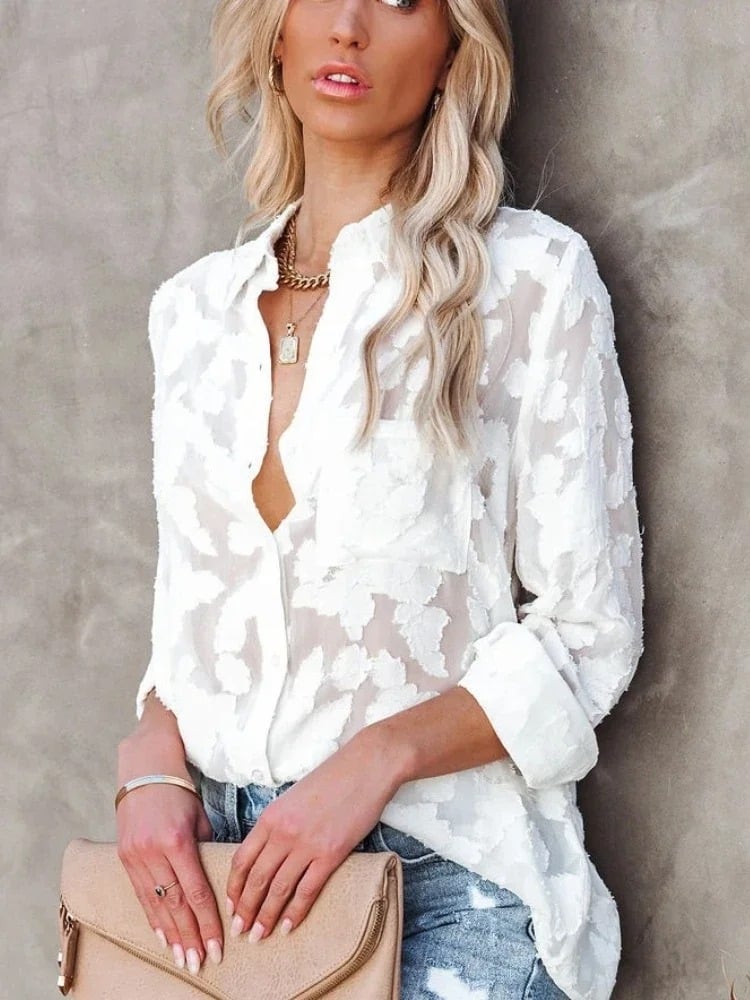 Bohemian White Elegant Flower-Embellished Blouse