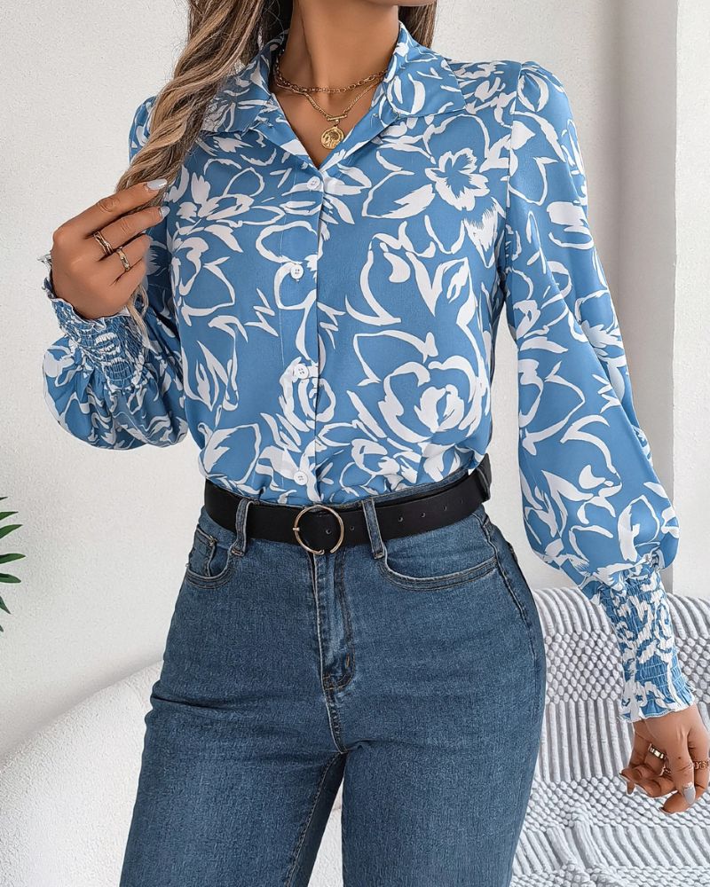 Bohemian Blue Casual with Floral Print Blouse