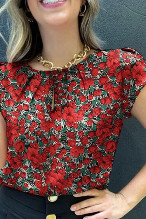 Bohemian with Short Sleeves Casual Flower-Embellished Blouse
