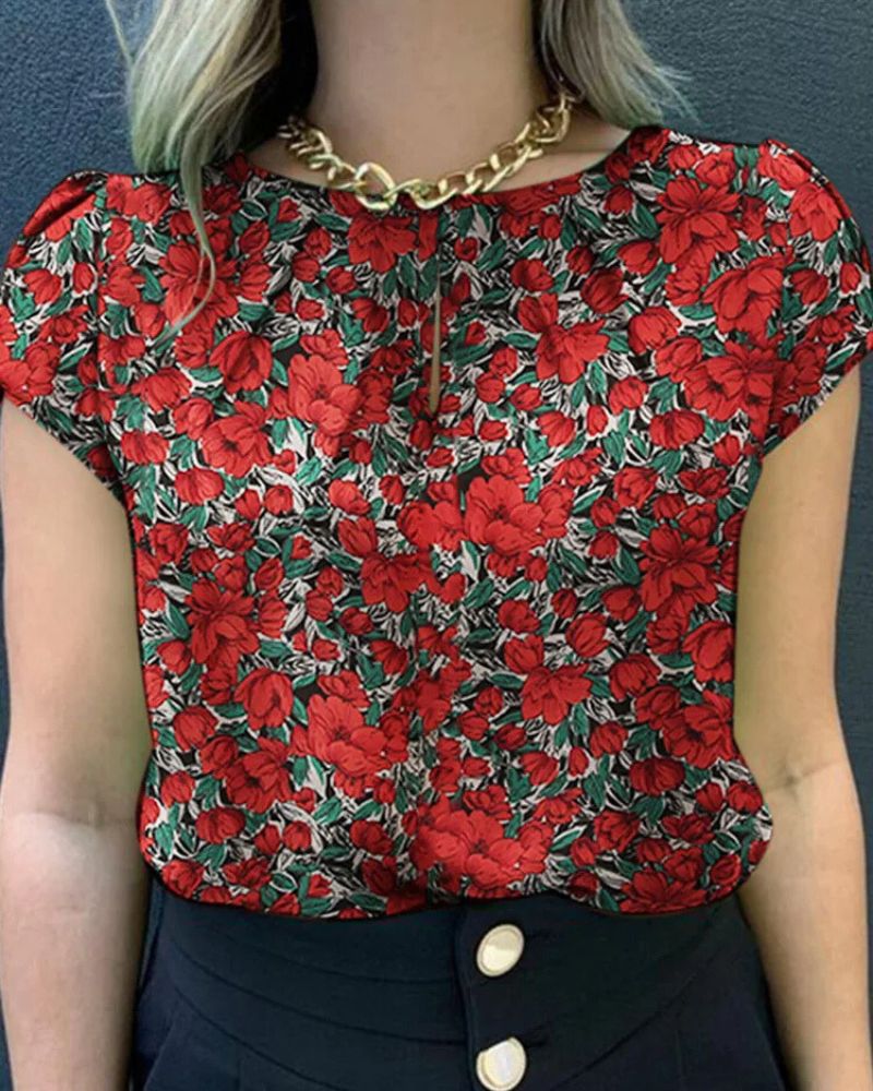 Bohemian with Short Sleeves Casual Flower-Embellished Blouse - Image 2