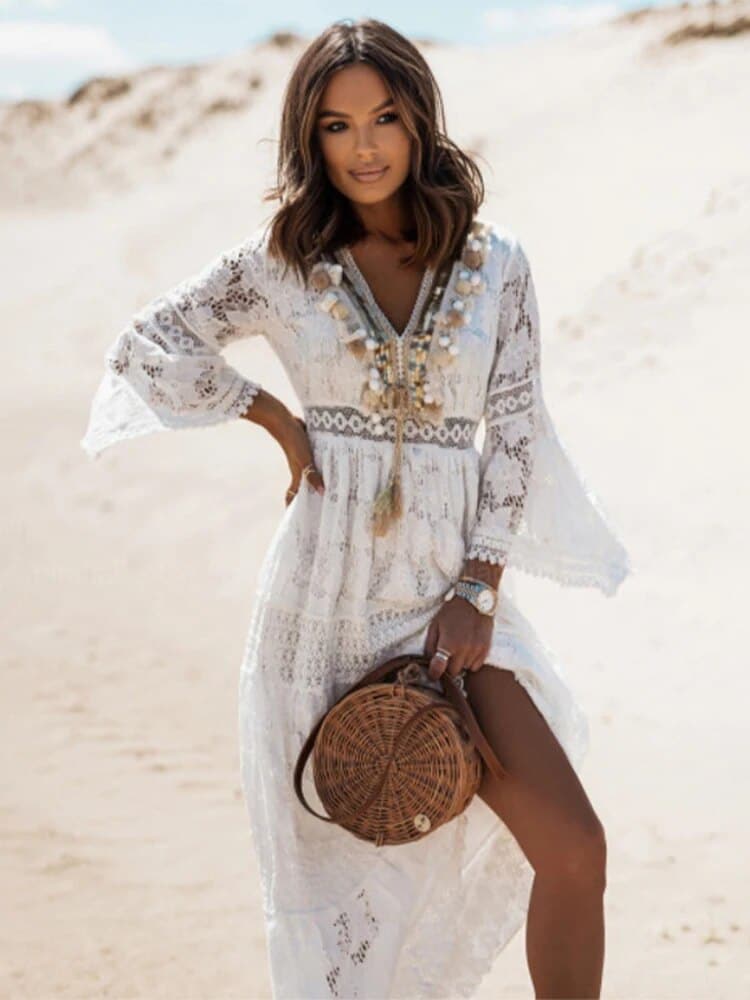 Bohemian Maxi Dress V-Neck, Laces Sheers