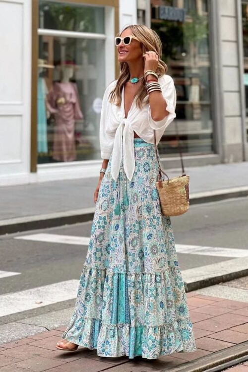 Bohemian flared with floral prints skirt