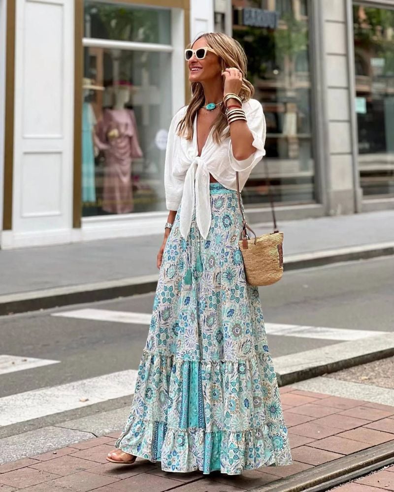 Bohemian Flared with Floral Prints Skirt