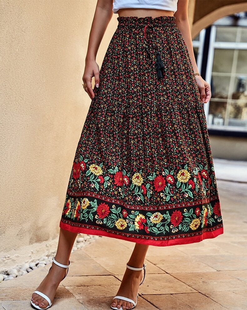 Bohemian Maxi Skirt Black High-Waist Comfortable