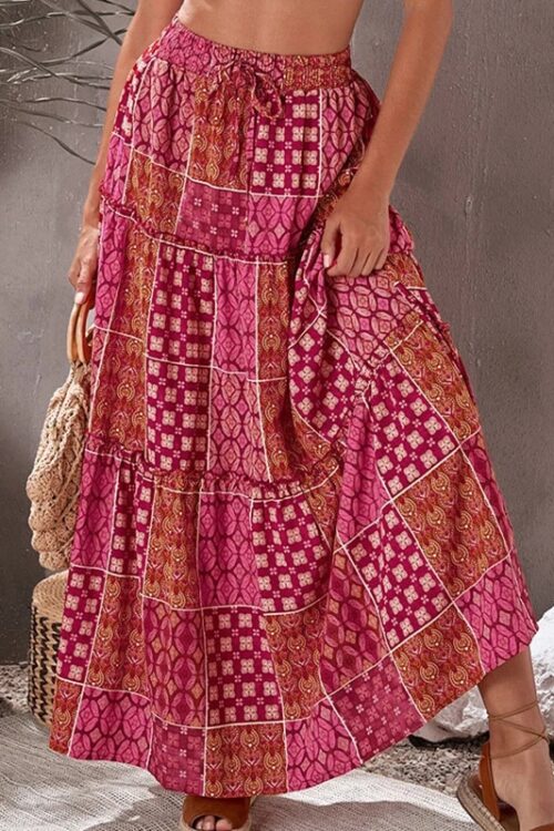 Bohemian Maxi Skirt Red Casual for Summer