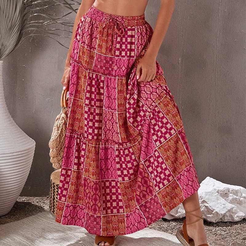 Bohemian Maxi Skirt Red Casual for Summer