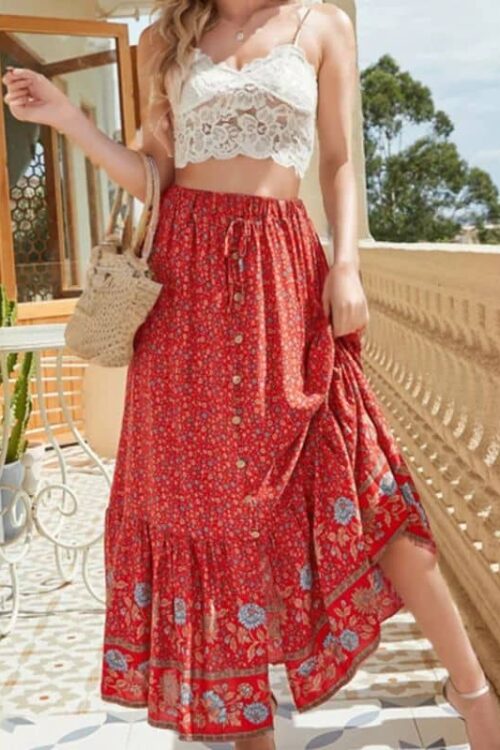 Bohemian Maxi Skirt Red Lightweight and Refined