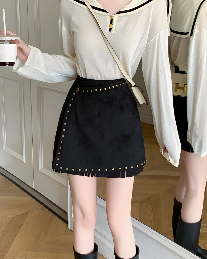 Bohemian Faux Suede Asymmetric Short Skirt with Tassels