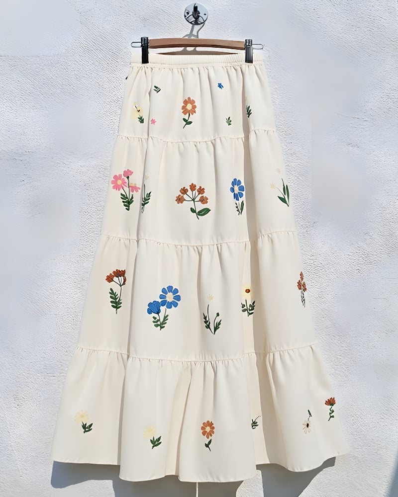 Bohemian Pleated Floral Maxi Skirt with Elasticated Waist