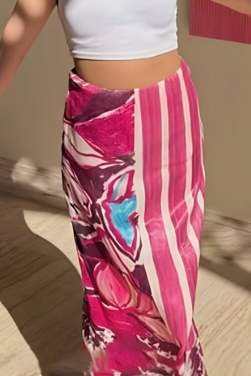 Bohemian satin long skirt with stripes and floral print