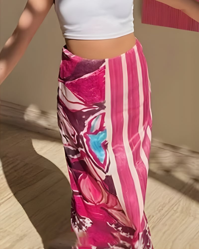 Bohemian Satin Long Skirt with Stripes and Floral Print