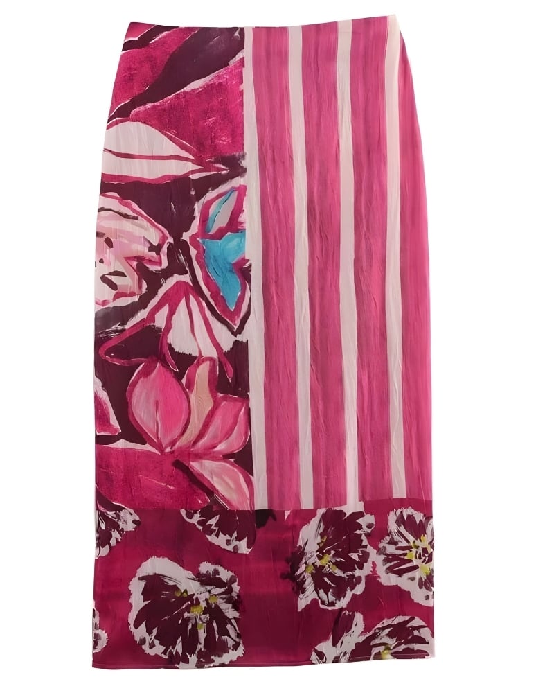 Bohemian satin long skirt with stripes and floral print - Image 2