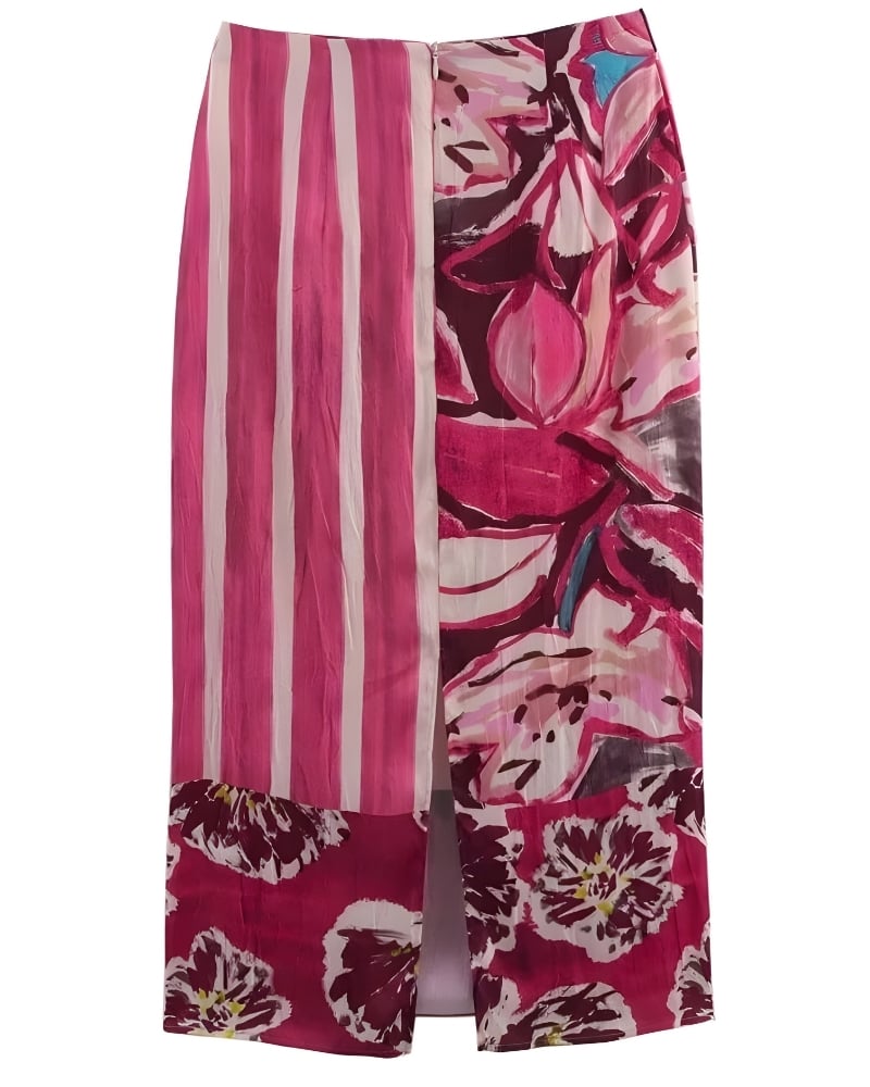 Bohemian satin long skirt with stripes and floral print - Image 3