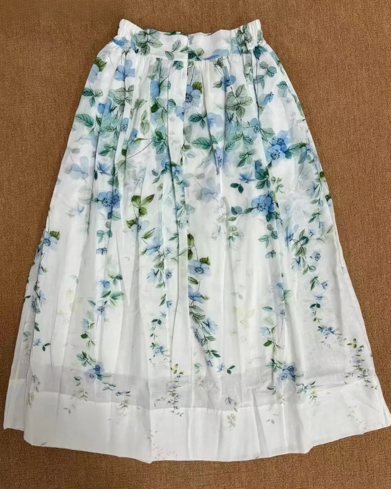 Bohemian Floral Linen Midi Skirt