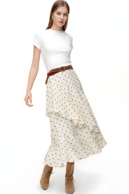 Polka Dot Bohemian Asymmetric Ruffle Midi Skirt