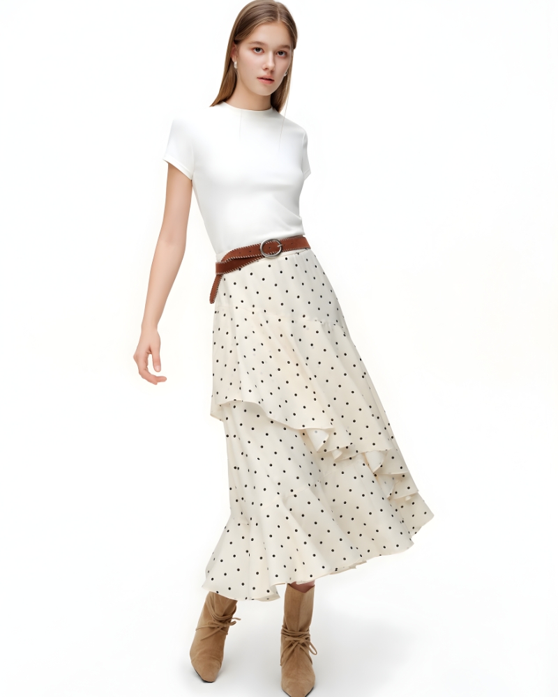 Polka Dot Bohemian Asymmetric Ruffle Midi Skirt