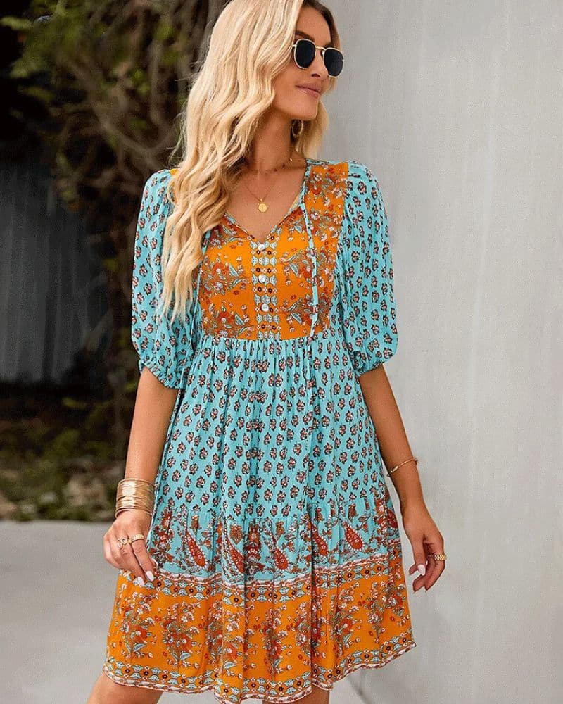 Bohemian Chic Blue with Luxurious Patterns Dress