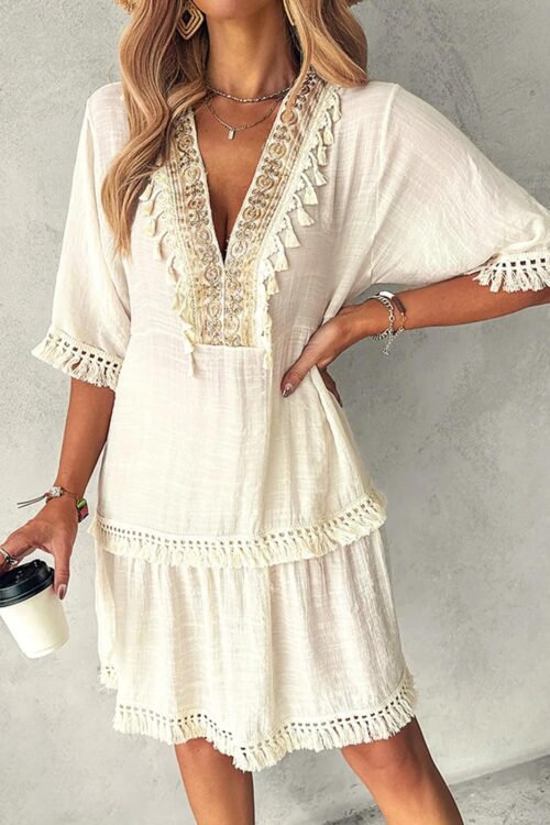 Bohemian Mini Dress with V-Neck