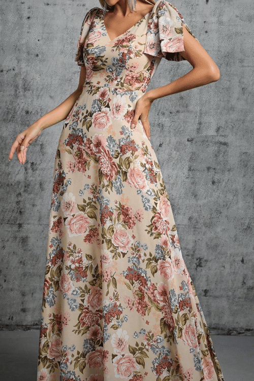 Floral V-neck butterfly sleeve dress