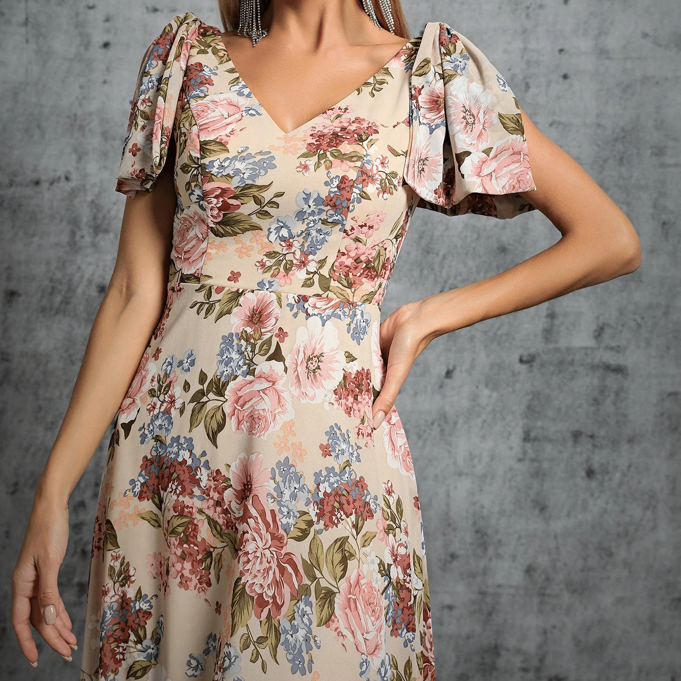 Floral v-neck butterfly sleeve dress - Image 3