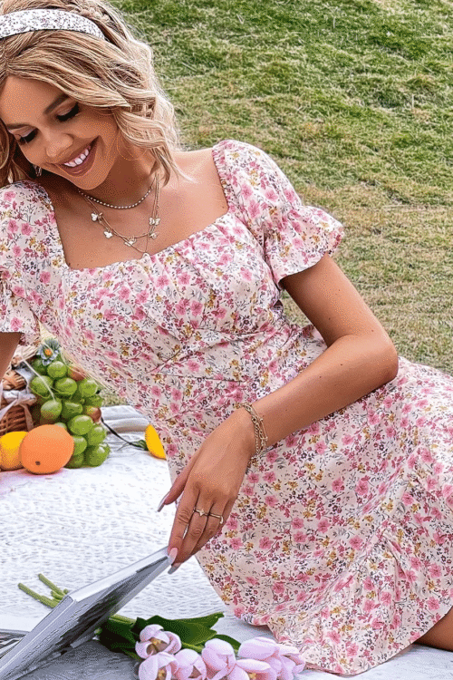 Bohemian Design with Floral Print Pink Dress
