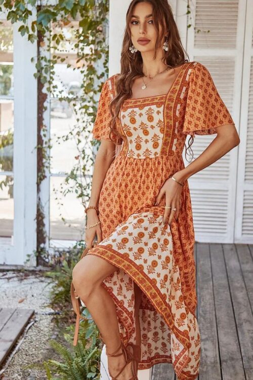 Bohemian elegant retro style with square neck dress