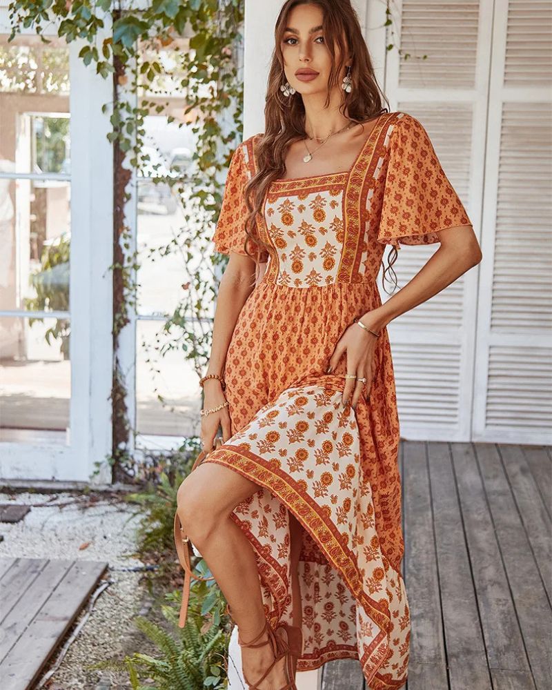 Bohemian Elegant Retro Style with Square Neck Dress