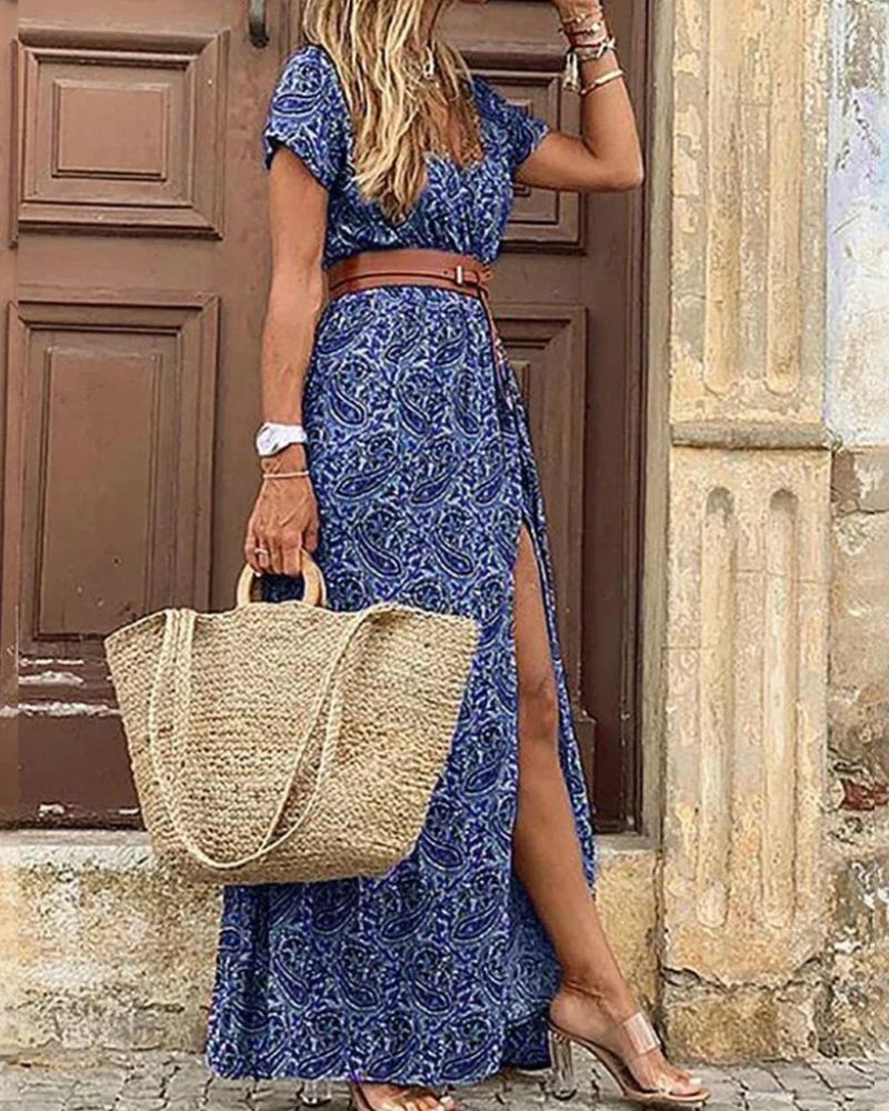 Bohemian Maxi Dress and Belted with V-Neck
