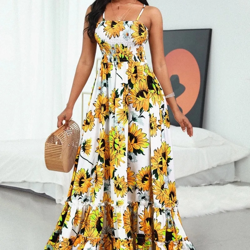 Bohemian Maxi Dress with Crossed Straps at the Back