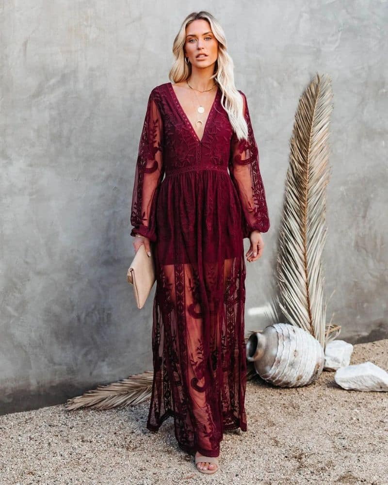 Bohemian Alluring Lace Burgundy Dress