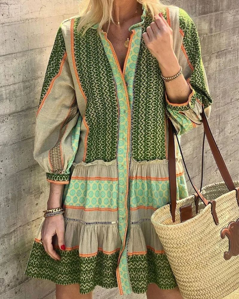 Bohemian Green and Short Retro Style Dress