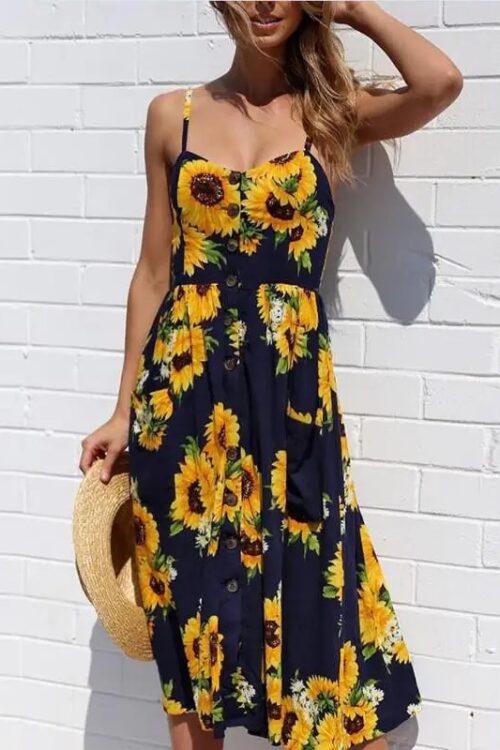 Cottagecore Navy Blue with Print of Sunflower Dress