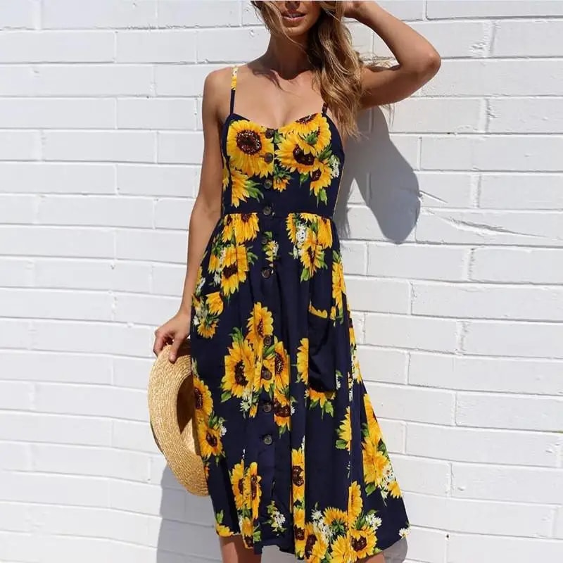 Cottagecore Navy Blue with Print of Sunflower Dress
