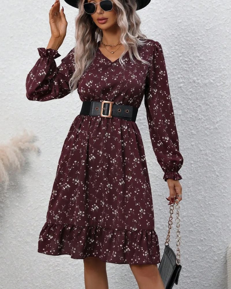 Cottagecore Short and Belted with Small V-Neck Dress