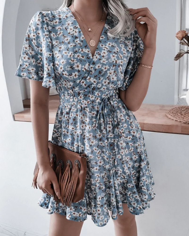 Cottagecore Short with Print Summer and V-Neck Dress