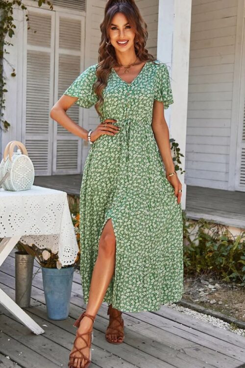 Cottagecore floral with slit elegant dress
