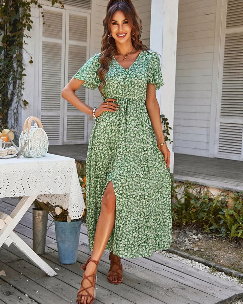 Cottagecore Floral with Slit Elegant Dress