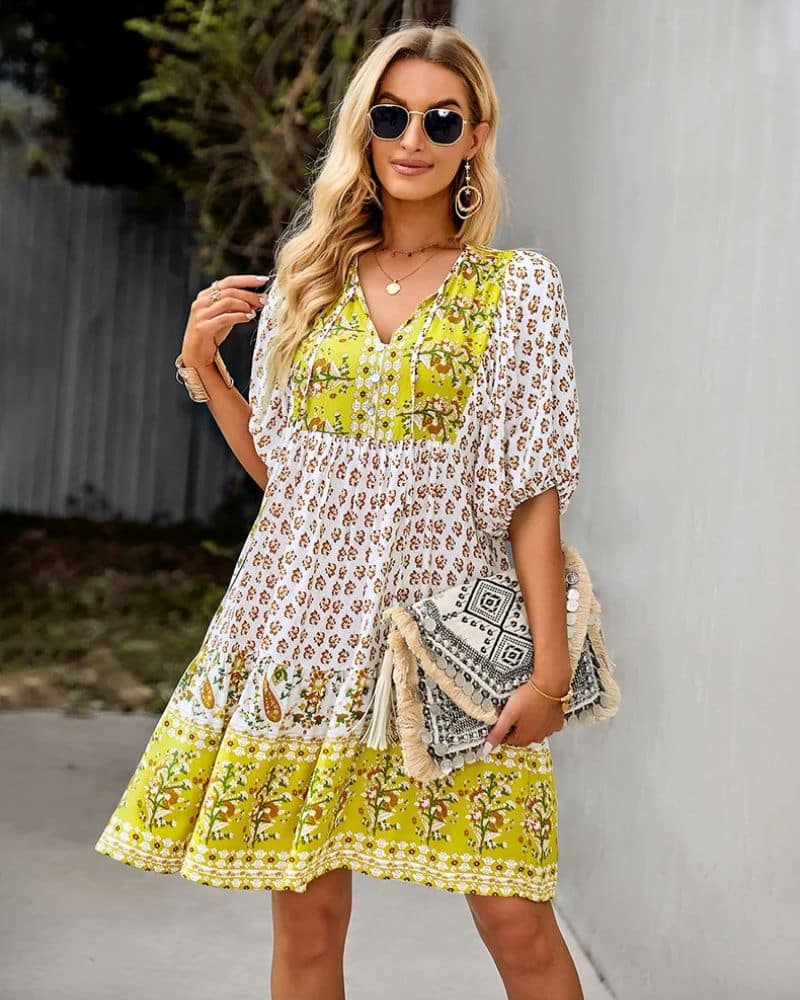 Cottagecore Yellow and Short Floral Dress