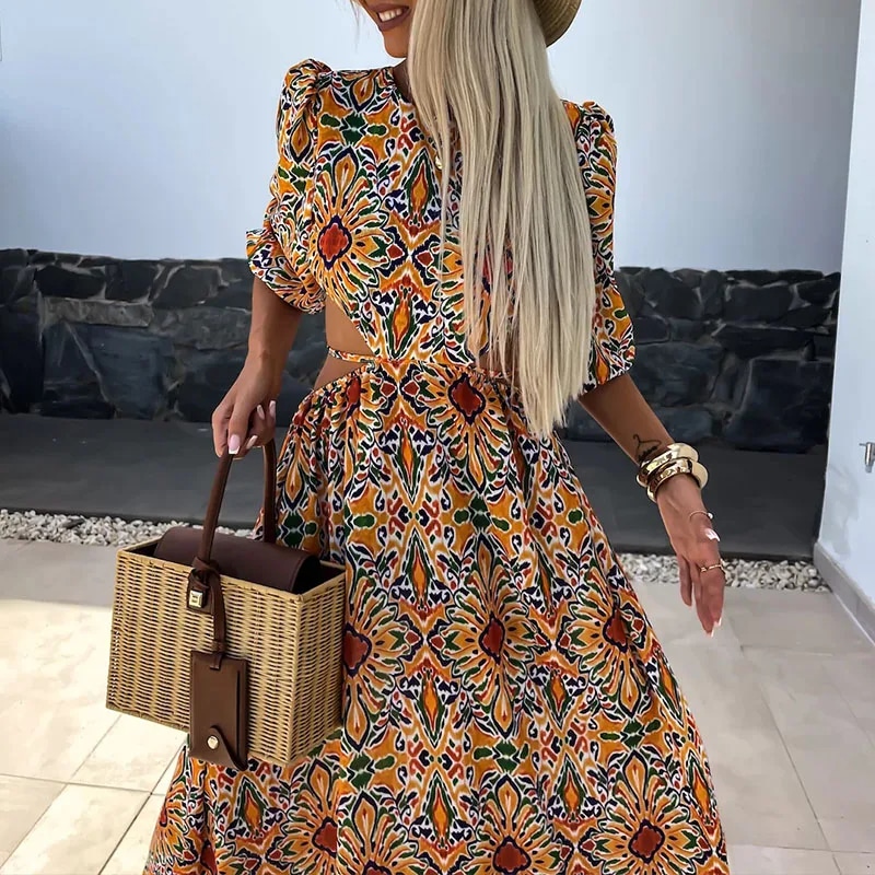 Cottagecore Long with Open-Back and Round Neck Dress