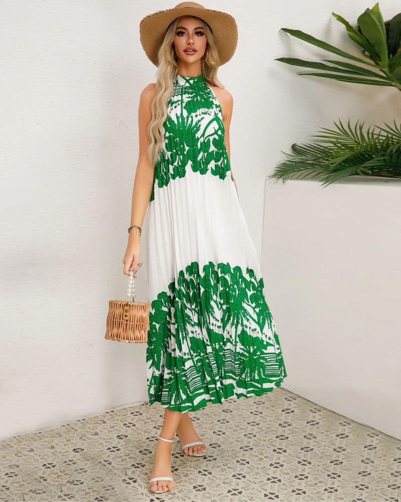 Cottagecore Long and Pleated with Print Trendy Dress