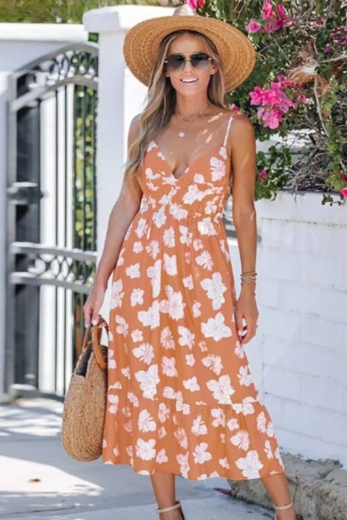 Cottagecore Orange with Floral Print Dress